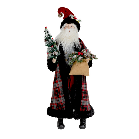 Plaid Santa with Frosted Pine Accents 26.5"H -Ship Only