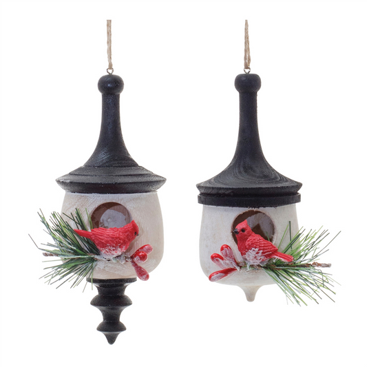 Wood Finial Birdhouse with Cardinal Ornament (Set of 6) -Ship Only