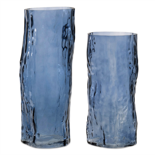 Blue Wavy Glass Vase (Set of 2) -Ship Only