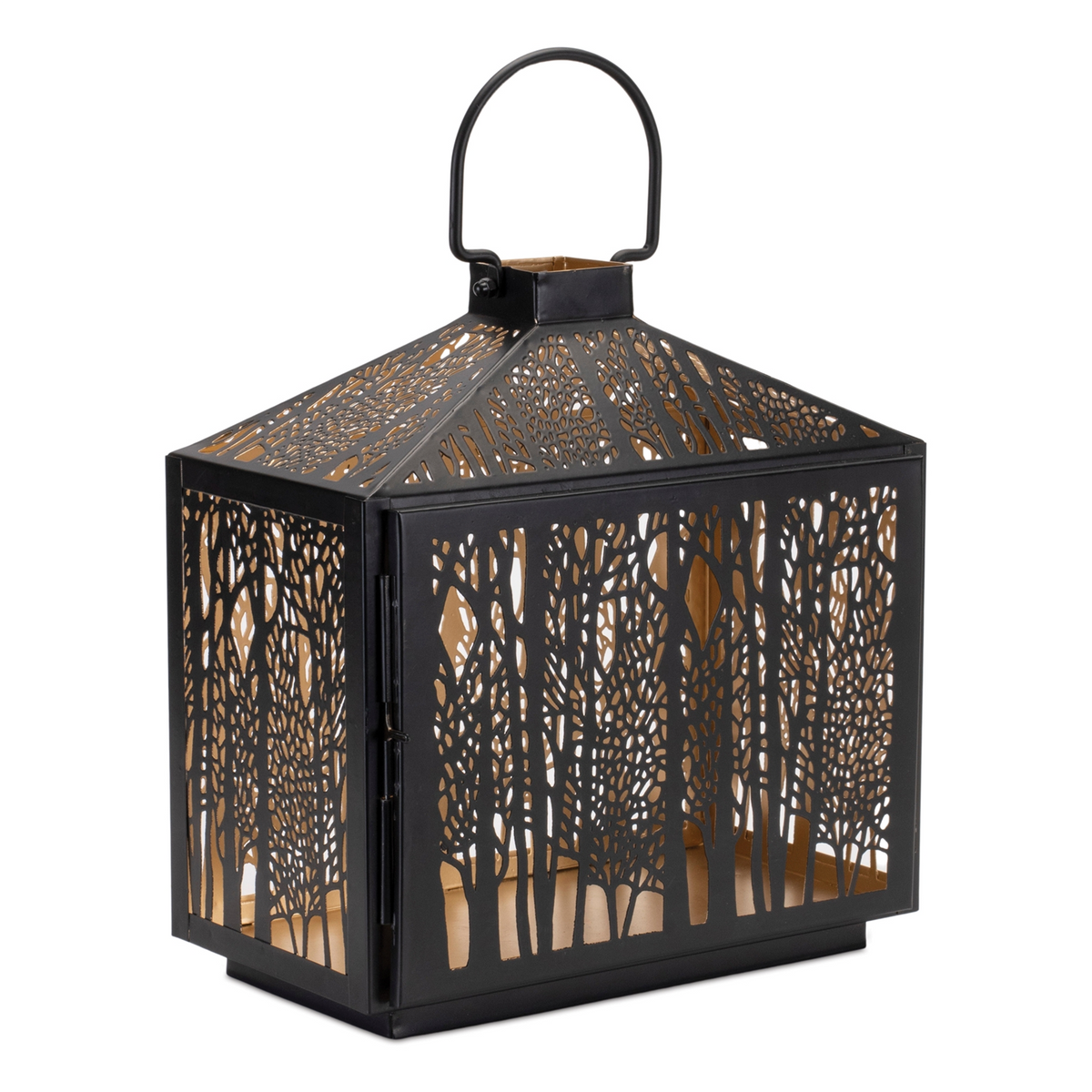 Forest Cut Metal Lantern with Gold Accent 12"H -Ship Only