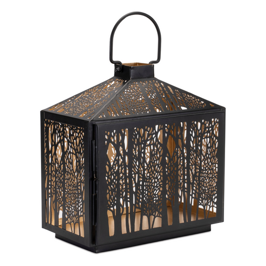Forest Cut Metal Lantern with Gold Accent 12"H -Ship Only
