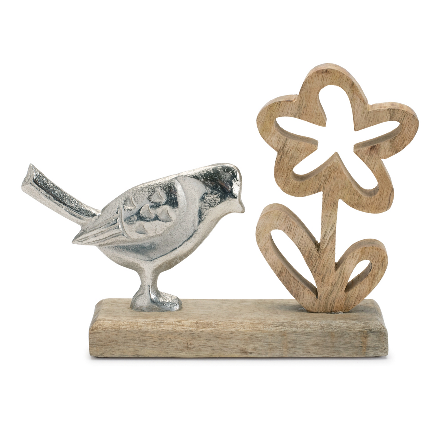 Metal Bird and Flower on Wood Base (Set of 2) -Ship Only