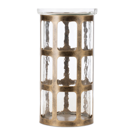 Wavy Glass Candle Holder with Distressed Metal Frame 10"H -Ship Only