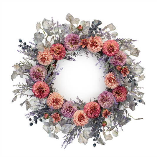 Mixed Zinnia Wreath 24”D Polyester/Twig -Ship Only