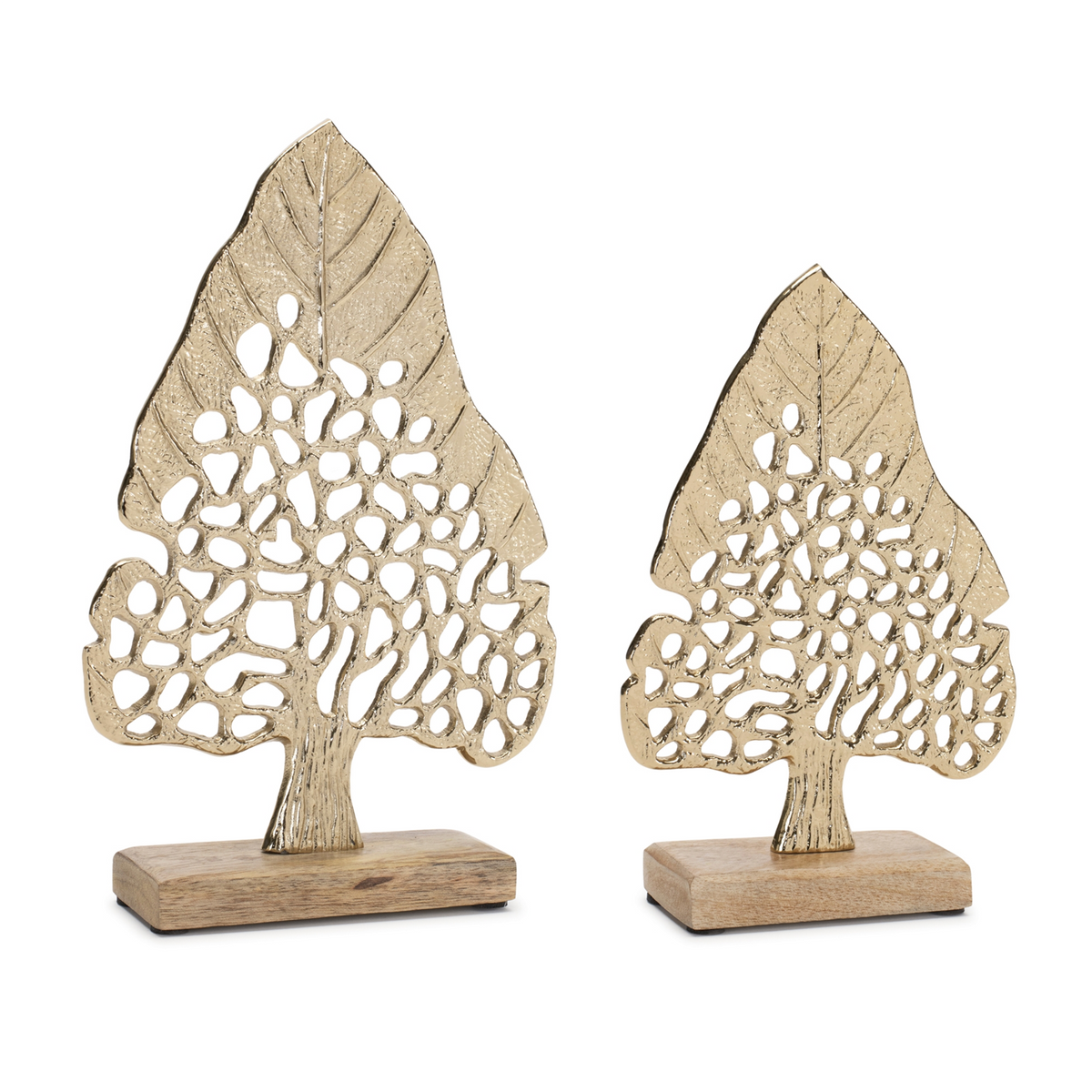 Modern Metal Leaf Tree on Wood Base (Set of 2) -Ship Only