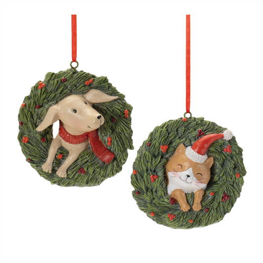 Playful Cat and Dog in Pine Wreath Ornament (Set of 4) -Ship Only