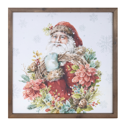 Framed Winter Florals and Santa Print 16"SQ -Ship Only