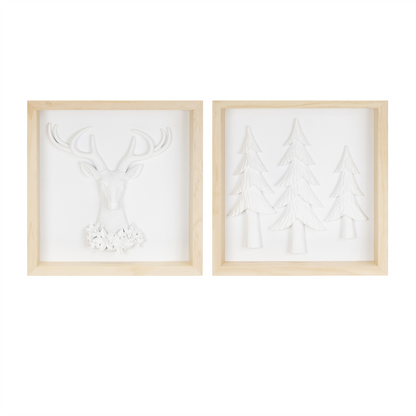 Framed Holiday Deer and Tree Artwork (Set of 2)