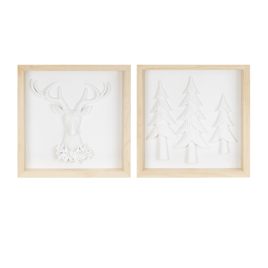 Framed Holiday Deer and Tree Artwork (Set of 2) -Ship Only