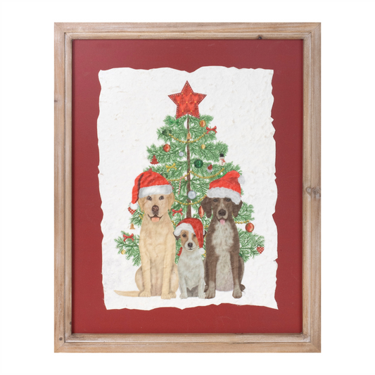 Framed Holiday Dogs and Christmas Tree Print 15"H -Ship Only