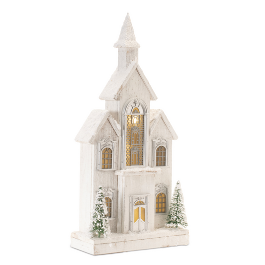 LED Flocked Wooden Church 22"H -Ship Only