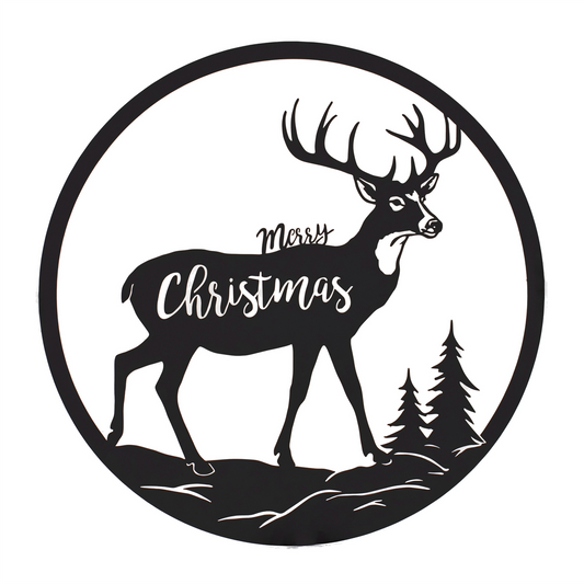 Cut Metal Merry Christmas Deer Plaque 16"D -Ship Only