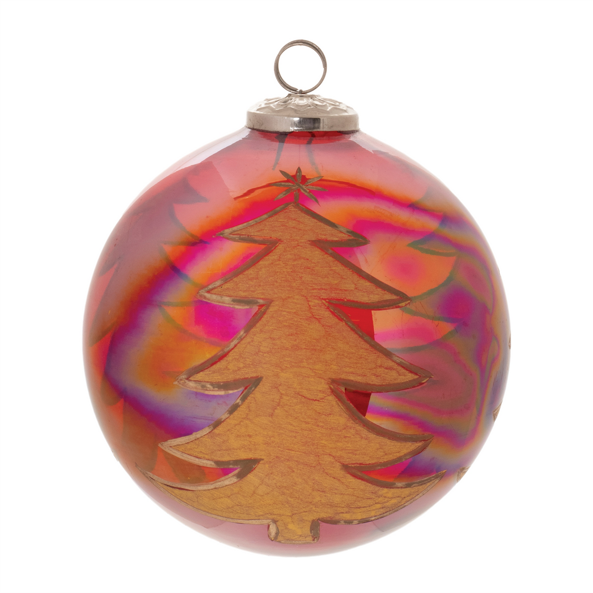 Ball w/Tree Ornament (Set of 4) 6”D Glass -Ship Only