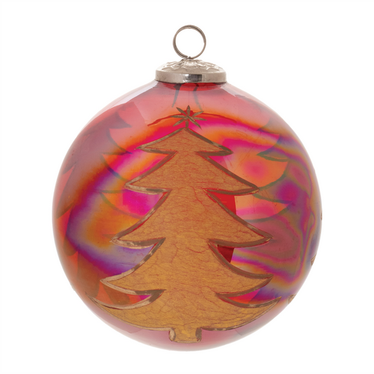Ball w/Tree Ornament (Set of 4) 6”D Glass -Ship Only