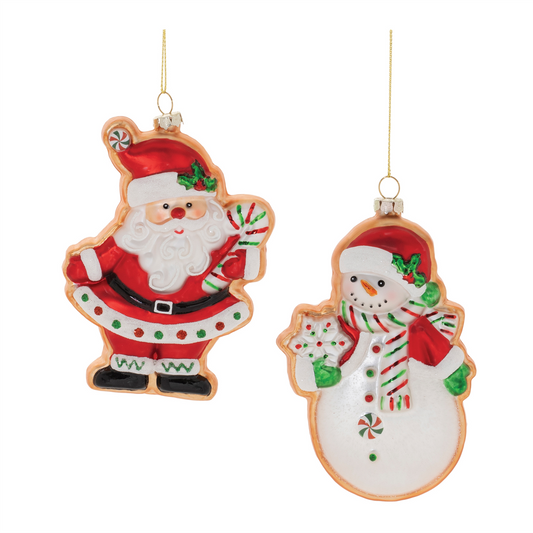 Santa and Snowman Cookie Ornament (Set of 12) 5”H Glass -Ship Only