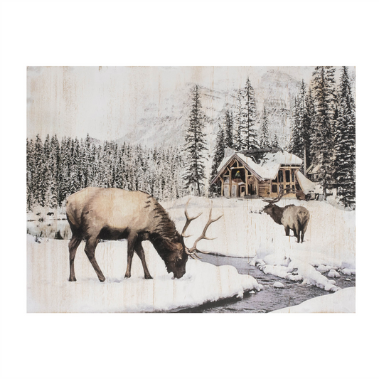 Wooden Winter Reindeer and Lodge Plaque 17.5"H -Ship Only