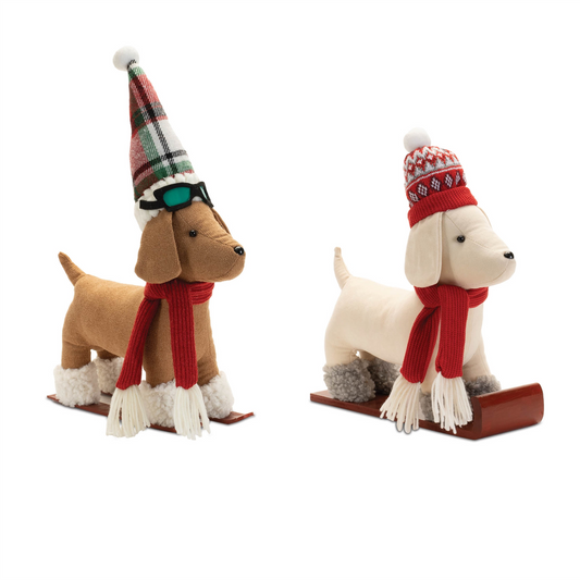 Plush Dog Character on Sled and Skis (Set of 2) -Ship Only