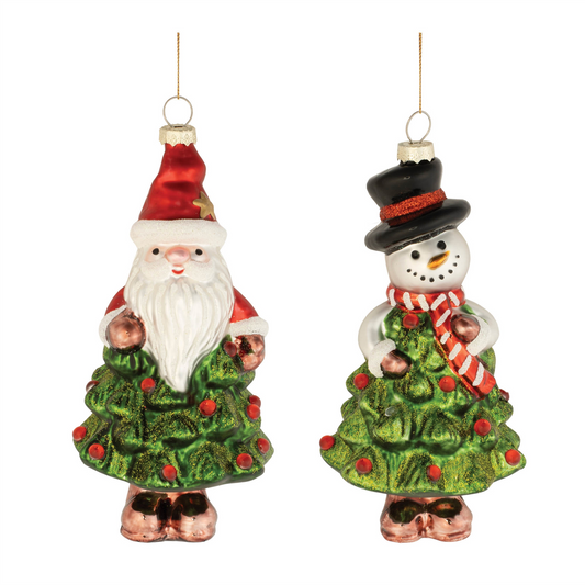 Santa and Snowman Tree Ornament (Set of 12) 5.5"H, 6"H Glass -Ship Only