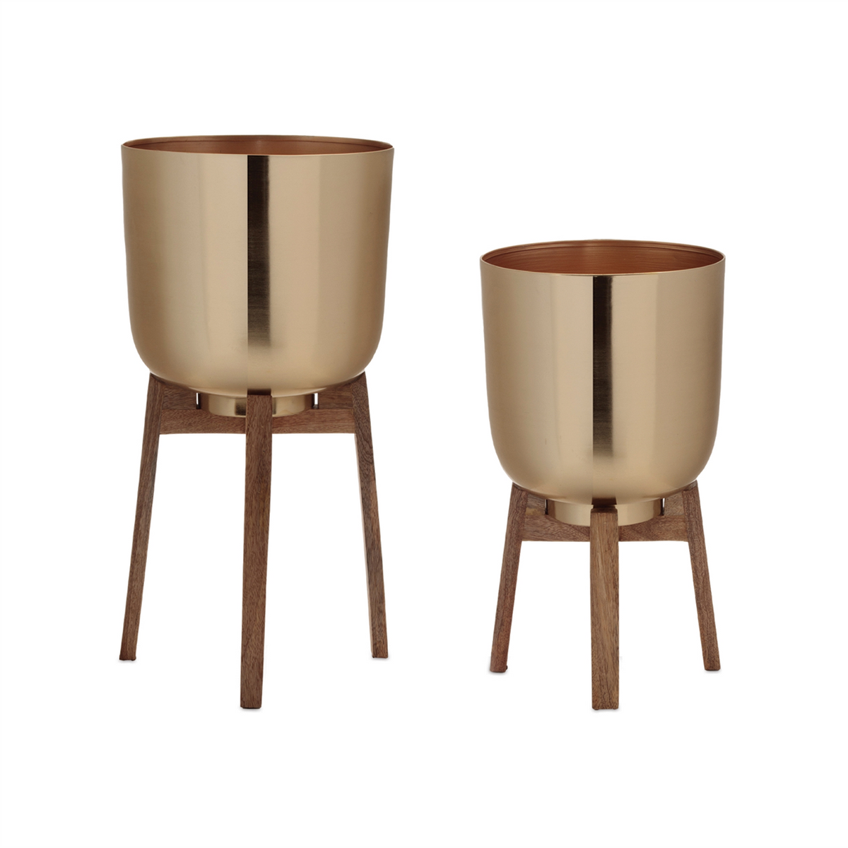 Round Metal Planter with Wooden Stand (Set of 2) -Ship Only