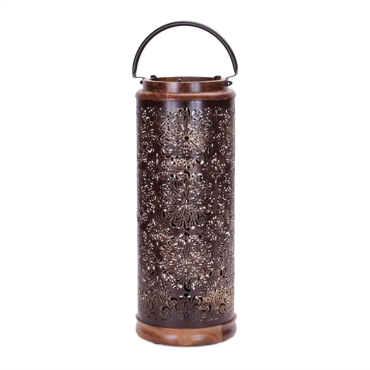 Punched Metal Lantern with Natural Wood Accents 19"H -Ship Only