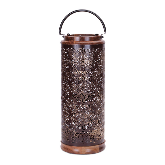 Punched Metal Lantern with Natural Wood Accents 19"H -Ship Only