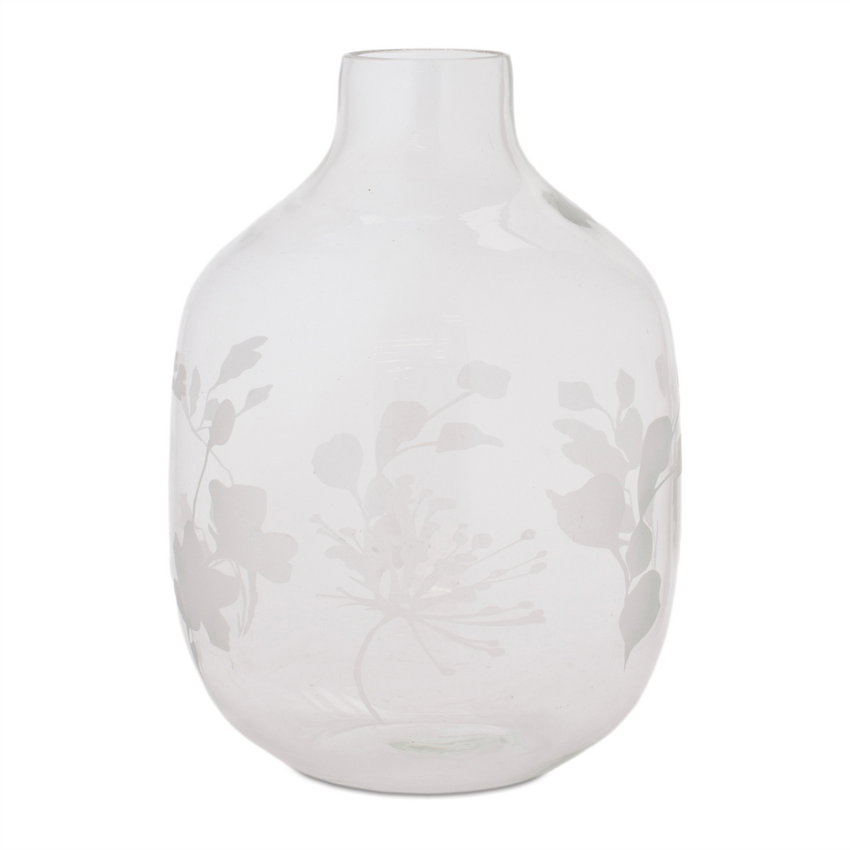 White Frosted Glass Vase with Floral Etching -Ship Only