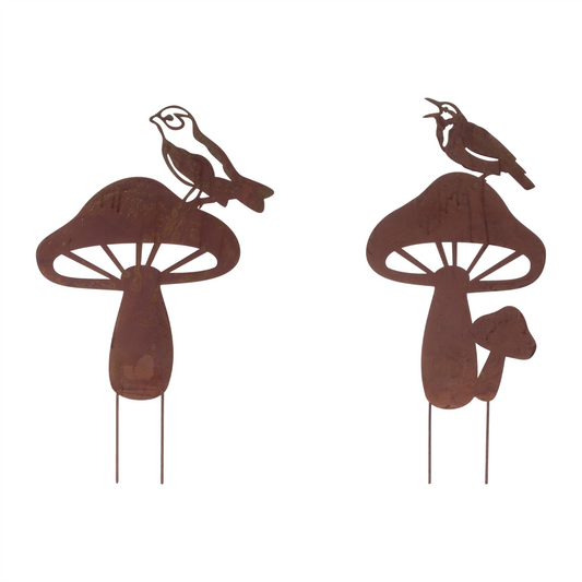 Bird & Mushroom Stake (Set of 2) 19"H, 19.5"H Iron -Ship Only