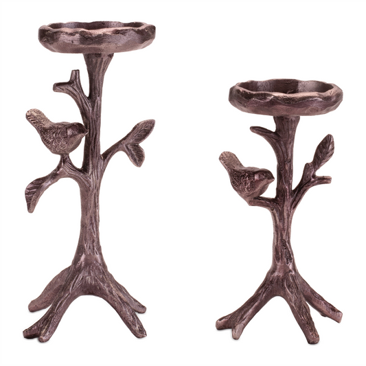 Bird and Branch Candle Holder (Set of 2) 9.5"H, 11.5"H Metal -Ship Only
