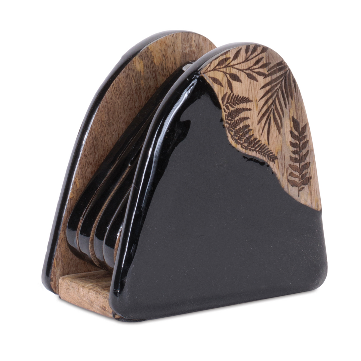 Floral Etched Wood Coaster with Holder (Set of 5)