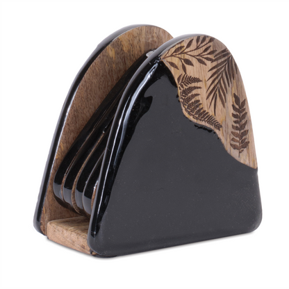 Floral Etched Wood Coaster with Holder (Set of 5)