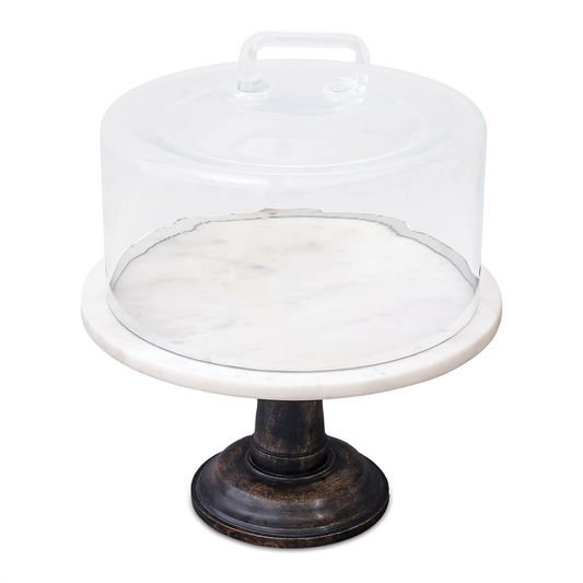 Covered Cake Stand 12"D x 14"H Marble/Glass/Wood -Ship Only