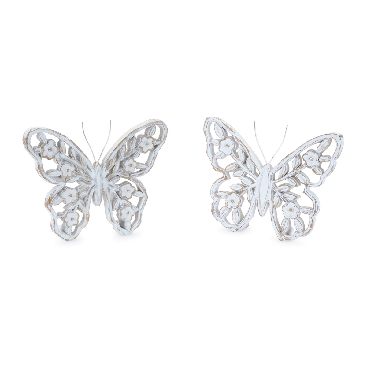 White Washed Floral Butterfly Decor (Set of 2) -Ship Only