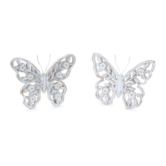 White Washed Floral Butterfly Decor (Set of 2) -Ship Only