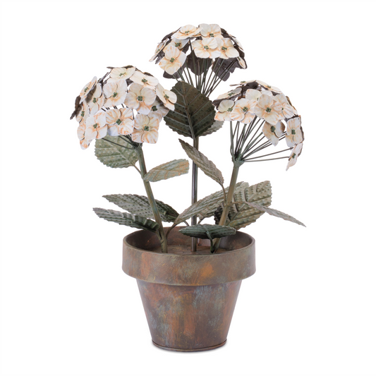 Iron Potted Hydrangea Floral Sculpture 15"H -Ship Only