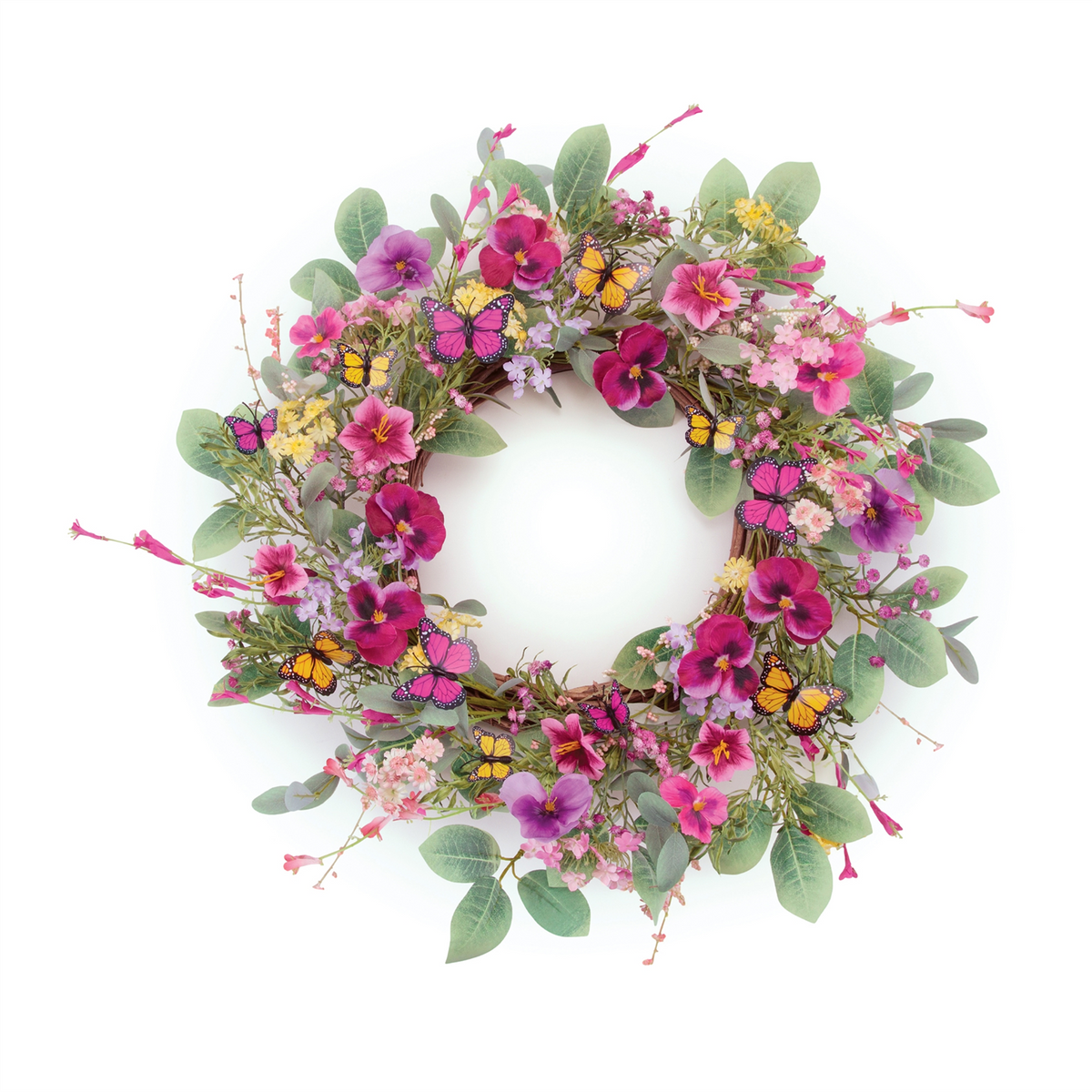 Mixed Pansy Wreath w/Butterflies 22”D Polyester -Ship Only