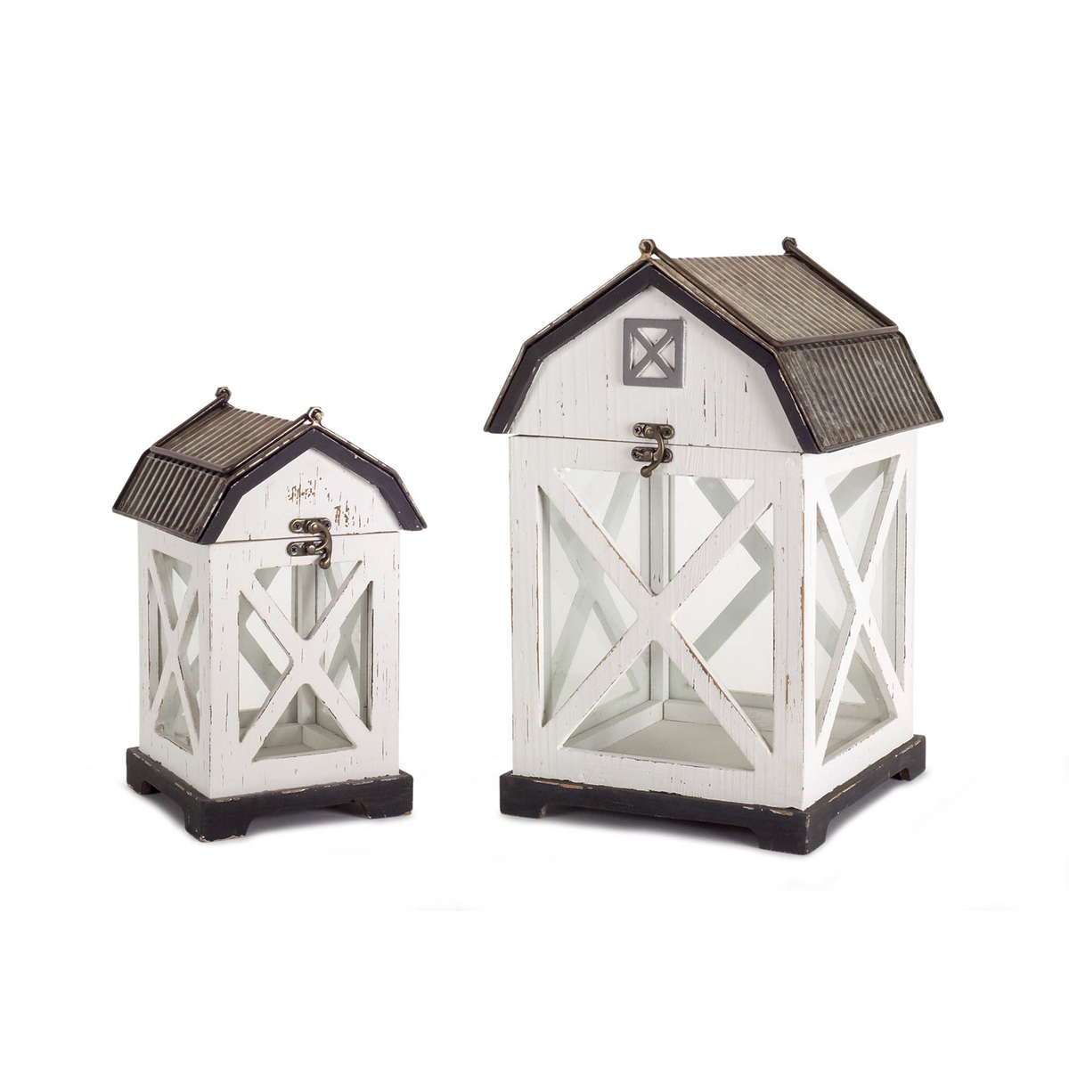Distressed White Wood Barn Style Lantern (Set of 2) -Ship Only