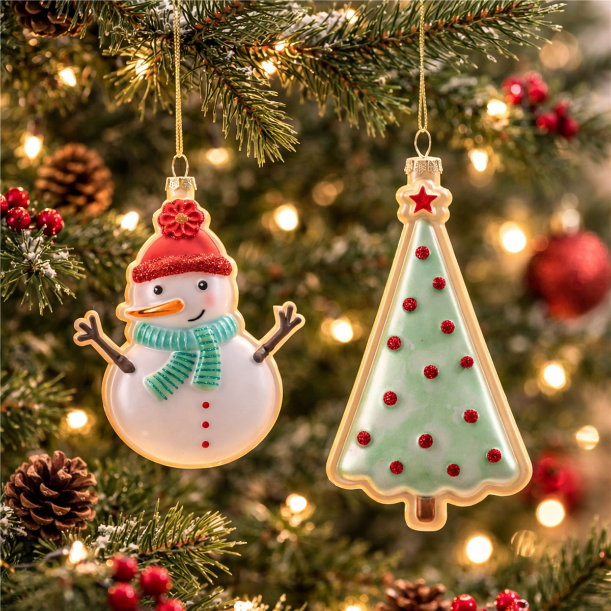 Snowman and Tree Ornament (Set of 12) 6"H, 6.25"H Glass -Ship Only
