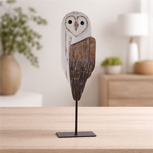 Owl on Stand 14”H Wood/Iron -Ship Only