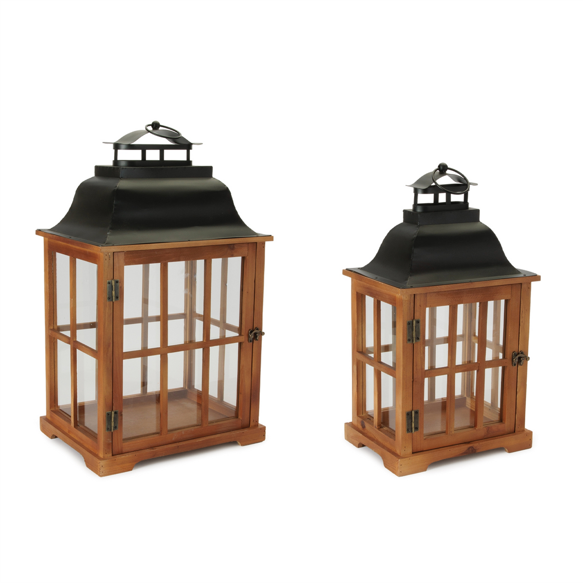 Lantern (Set of 2) 19.5"H, 24.5"H Wood/Glass/Iron