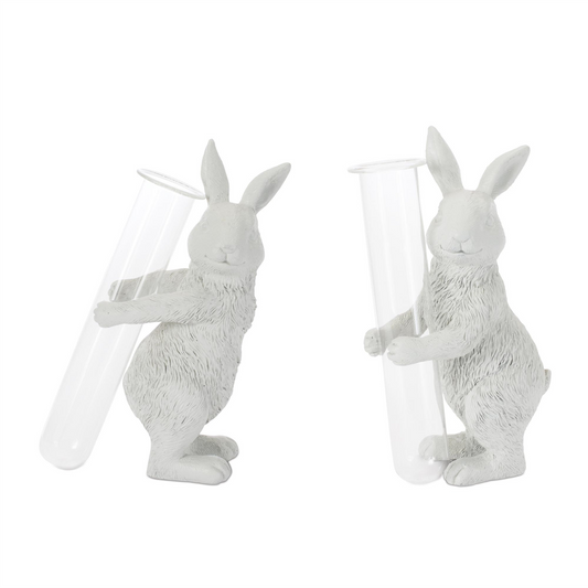 Rabbit w/Vase (Set of 2) 7”H Resin/Glass -Ship Only