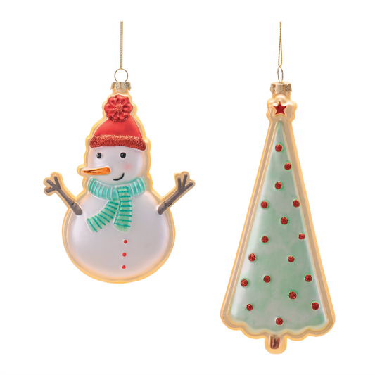 Snowman and Tree Ornament (Set of 12) 6"H, 6.25"H Glass -Ship Only