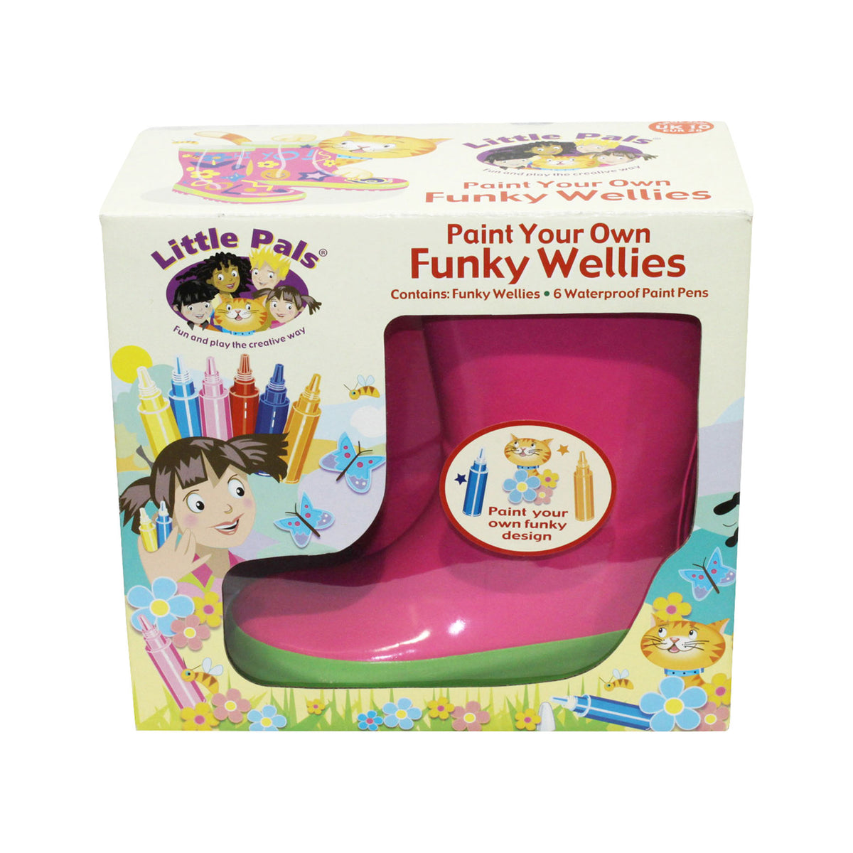 Little Pals Paint Your Own Wellies Rain Boots Pink with Green Trim Kids US Size 11.5 -Ship Only