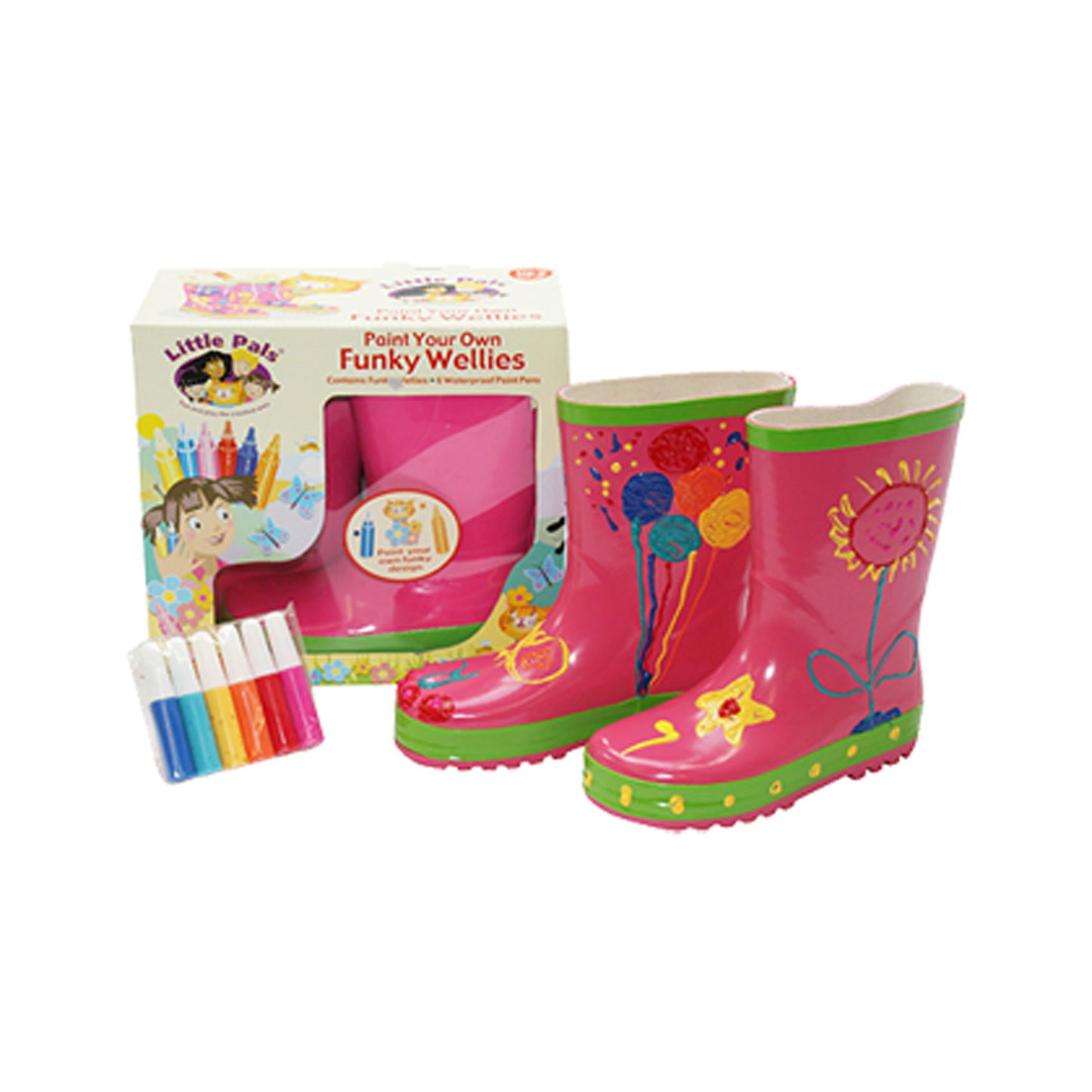 Little Pals Paint Your Own Wellies Rain Boots Pink with Green Trim Kids US Size 9.5 -Ship Only