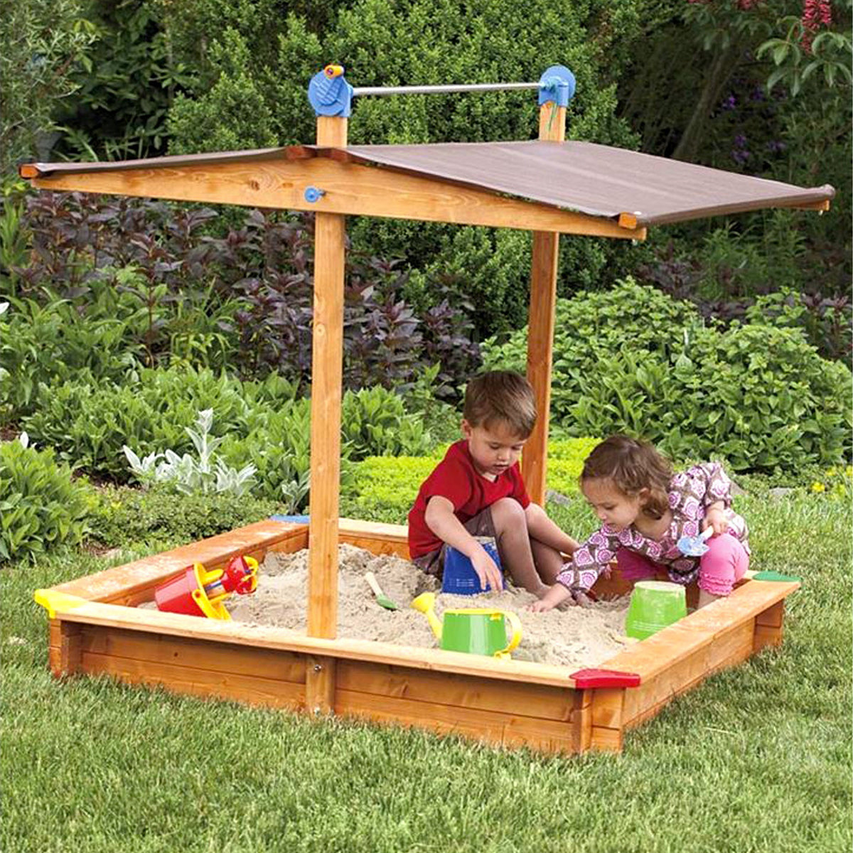 Wooden Children's Sandbox with Retractable Roof 4.66 ft. W x 4.66 ft. L x 4.33 ft. H -Ship Only