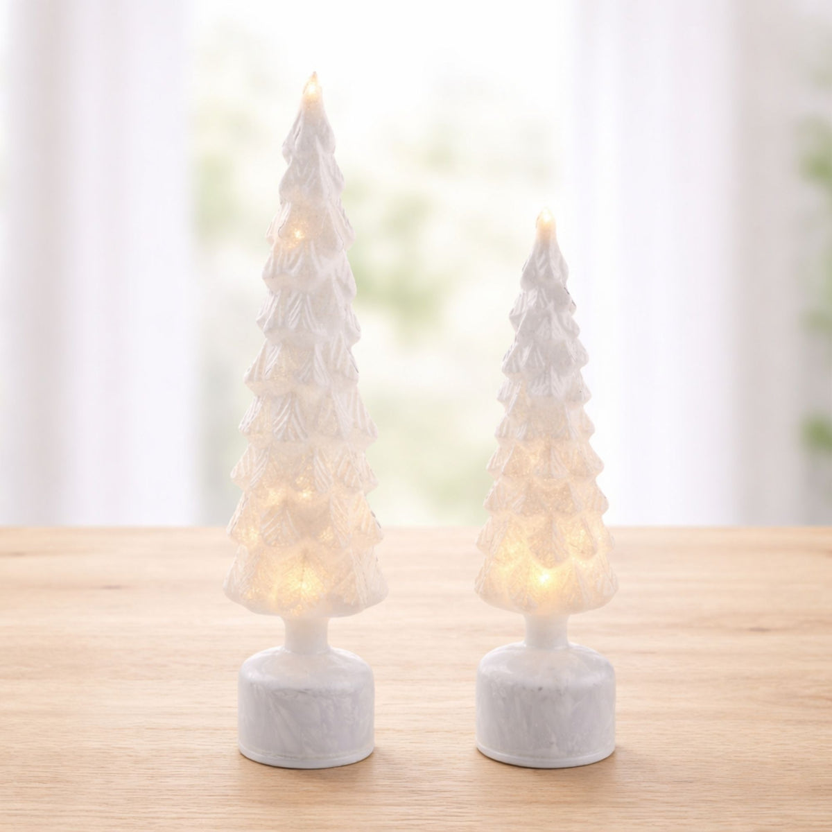 Rotating LED Tree (Set of 2) 16"H, 19"H Glass 6 Hr Timer 3 AA Batteries Not Included -Ship Only