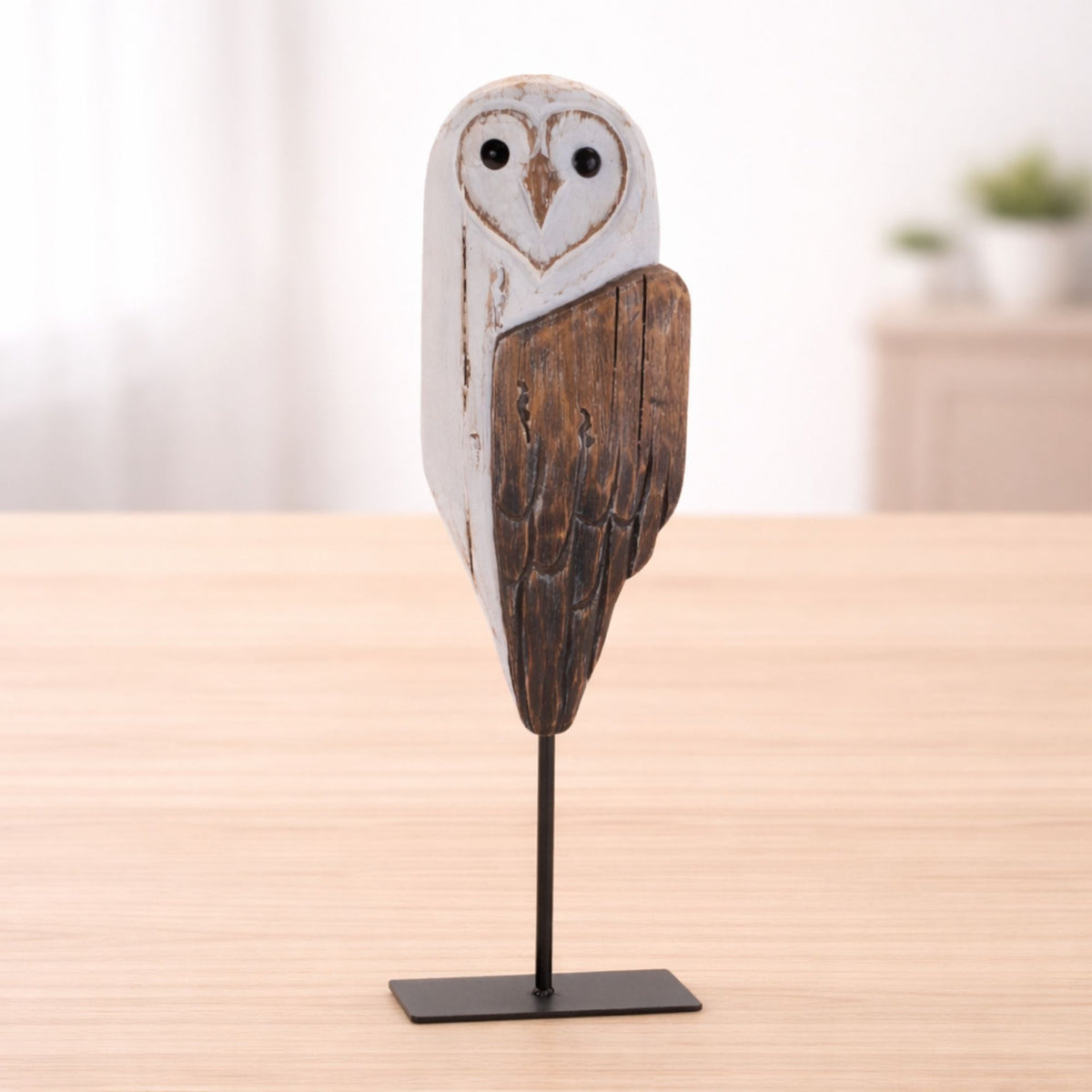Owl on Stand 14”H Wood/Iron -Ship Only