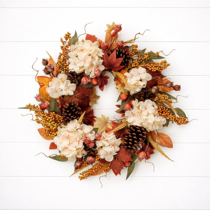 Fall Hydrangea Wreath 22”D Plastic/Polyester/Twig -Ship Only