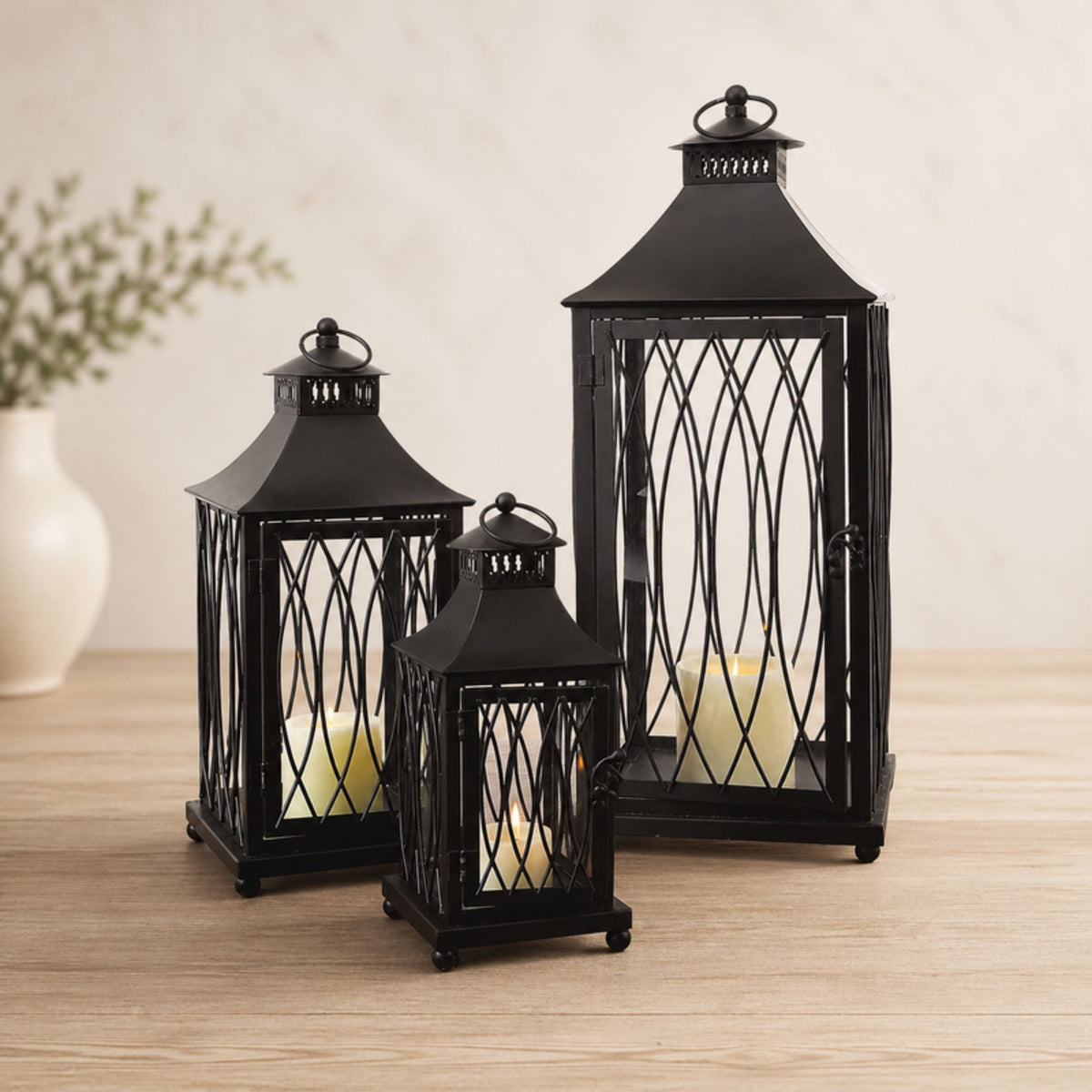 Traditional Black Metal Lantern (Set of 3) -Ship Only