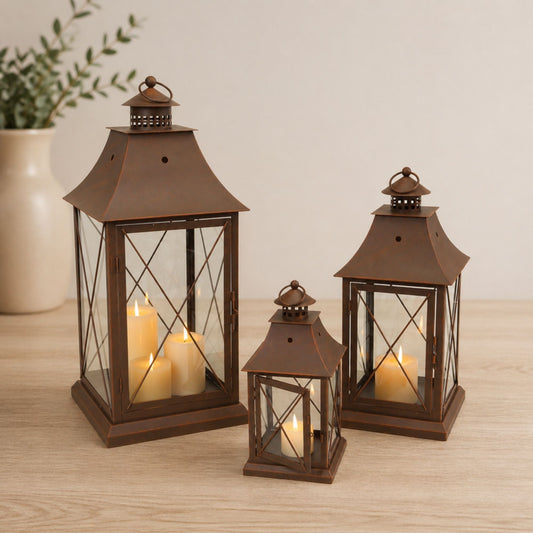 Classic Brown Metal Lantern (Set of 3) -Ship Only