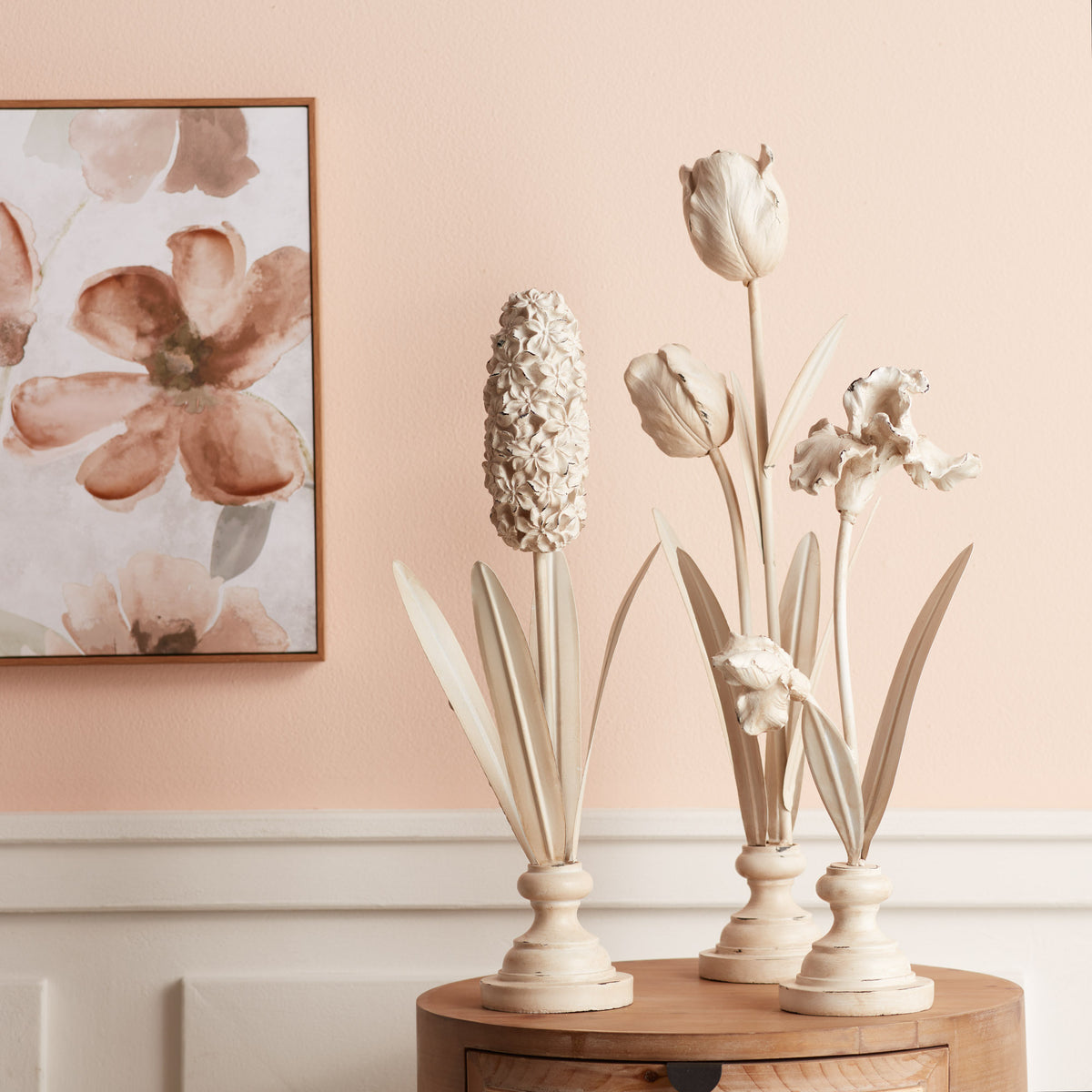 Distressed Ivory Floral Stem Sculpture (Set of 3) -Ship Only